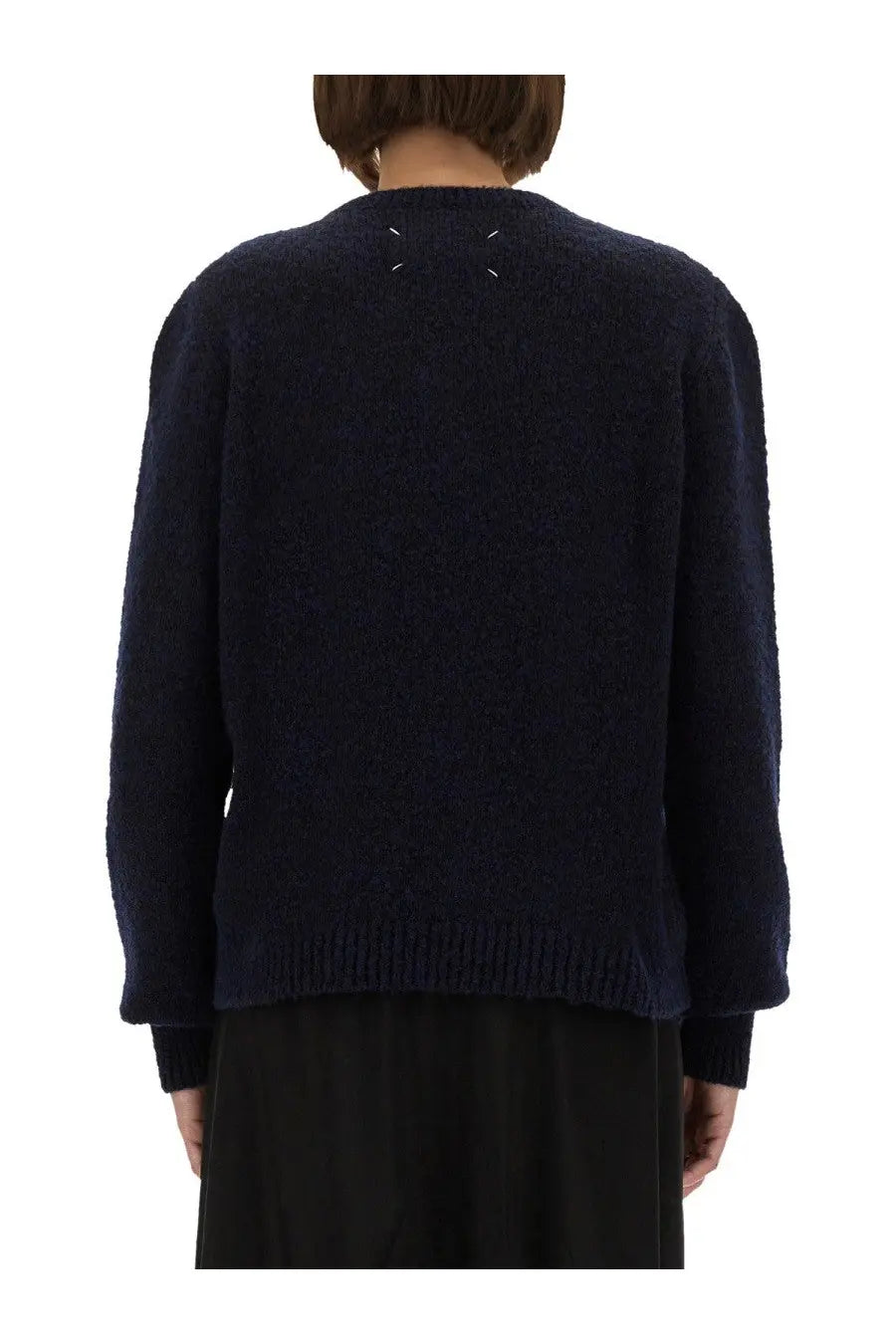 Maison Margiela women’s choker blue dark navy knit sweater with textured fuzzy fabric and white stitching at neckline