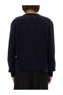 Maison Margiela women’s choker blue dark navy knit sweater with textured fuzzy fabric and white stitching at neckline