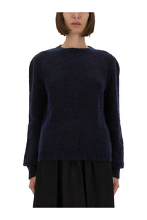 Maison Margiela women’s choker blue navy blue textured knit sweater with round neckline and ribbed cuffs