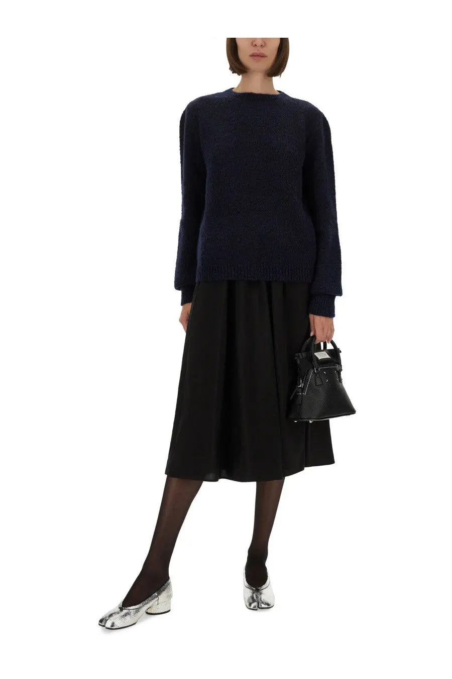 Maison Margiela women’s navy blue textured knit sweater with long sleeves and ribbed cuffs