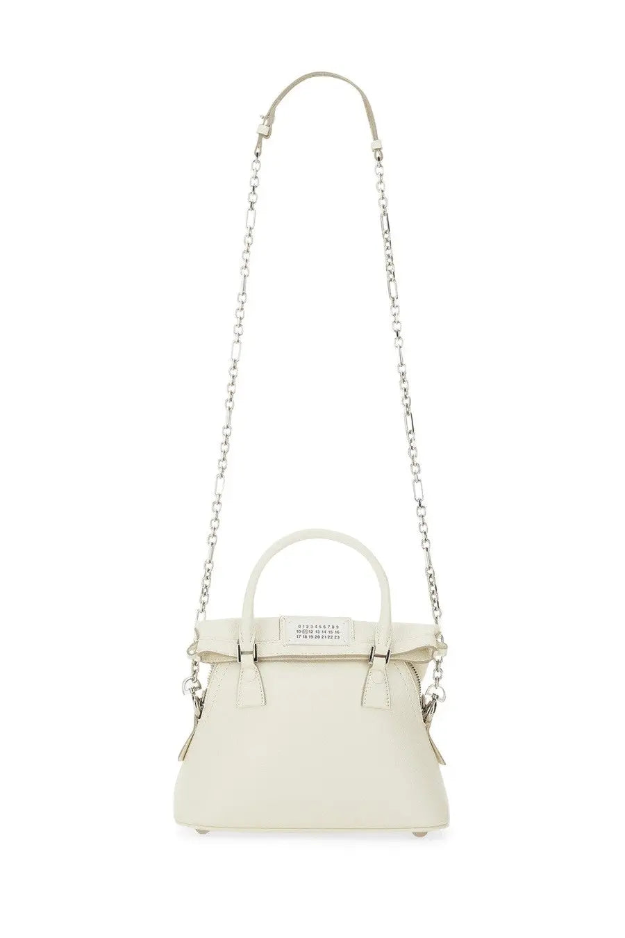 Maison Margiela women’s Classique micro bag in cream leather with silver chain strap and top handle minimalist design