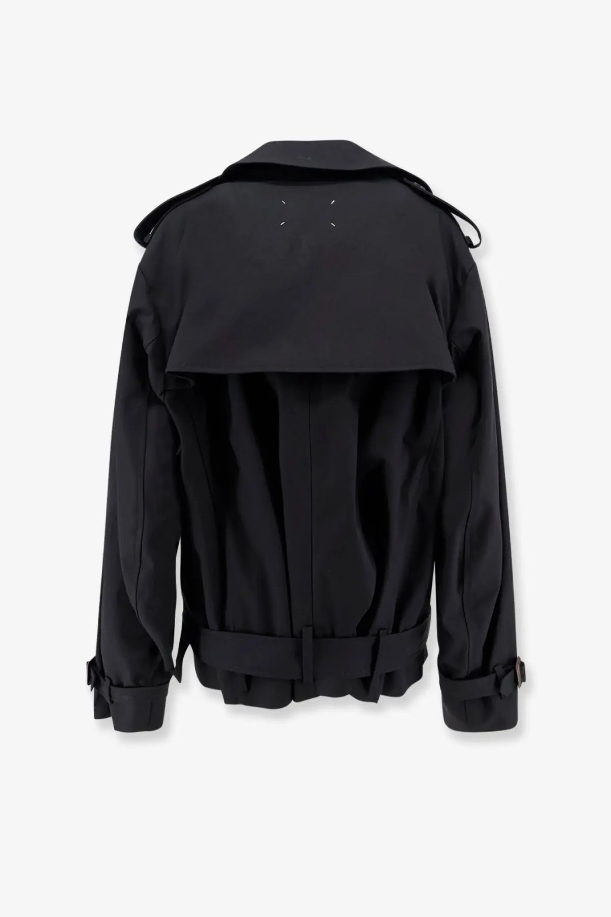 Back view of maison margiela women’s black cotton blend mini trench coat with structured collar belted waist and white stitching