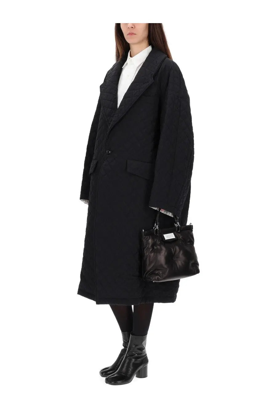 Black quilted cotton handbag with glossy finish and structured design for Maison Margiela women’s cotton shirt white collection