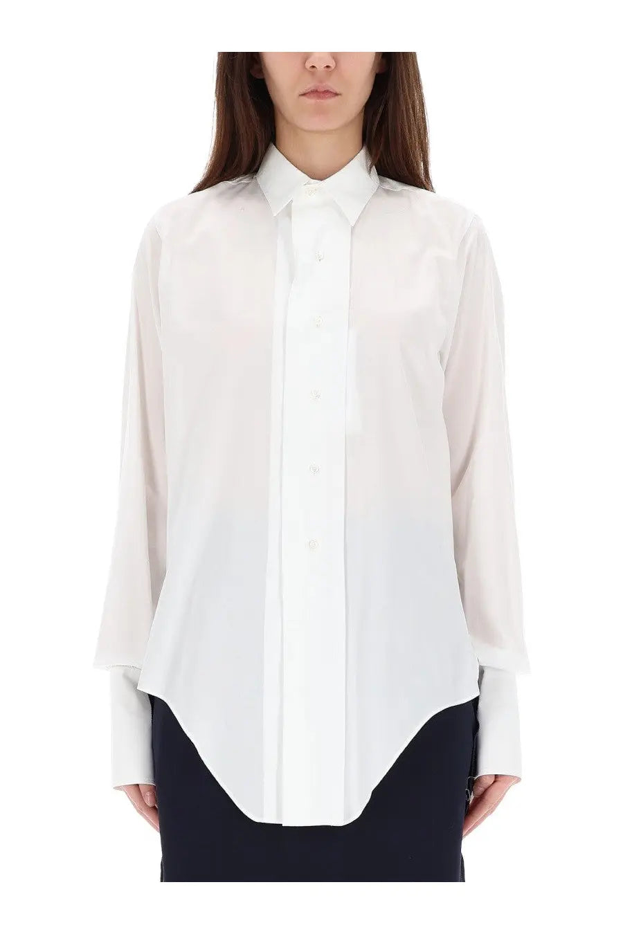 Maison Margiela women’s crisp white cotton long-sleeved button-down shirt with classic collar and asymmetrical hemline