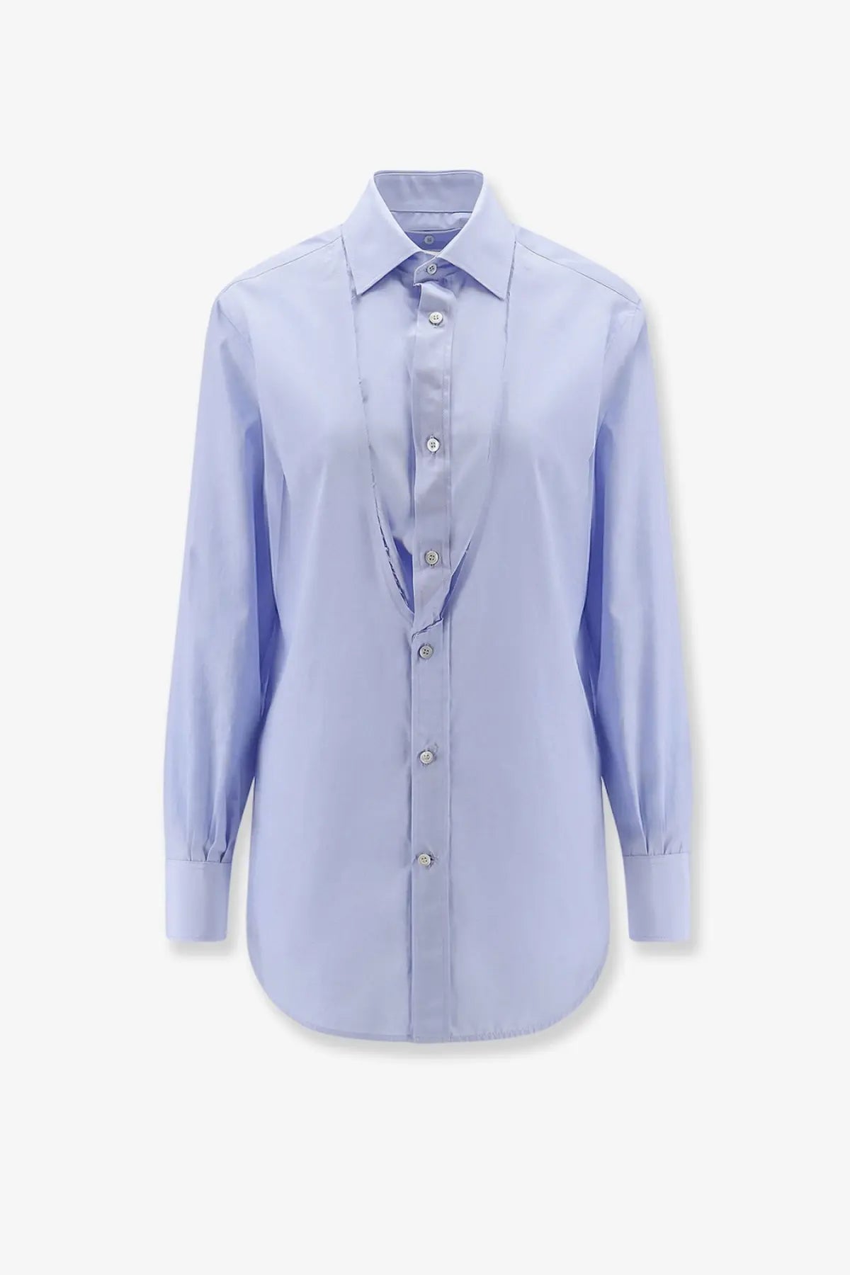 Maison margiela women’s cotton shirt white featuring a light blue long sleeved button down with classic collar and pleats