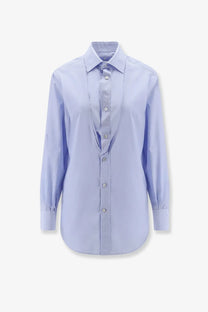 Maison margiela women’s cotton shirt white featuring a light blue long sleeved button down with classic collar and pleats