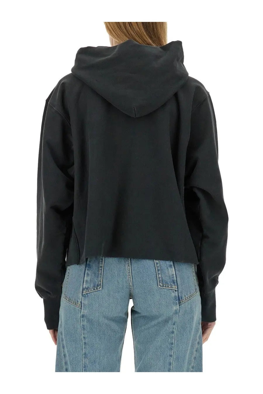 Maison Margiela women’s black cotton cropped hoodie with relaxed fit and ribbed cuffs perfect for casual wear