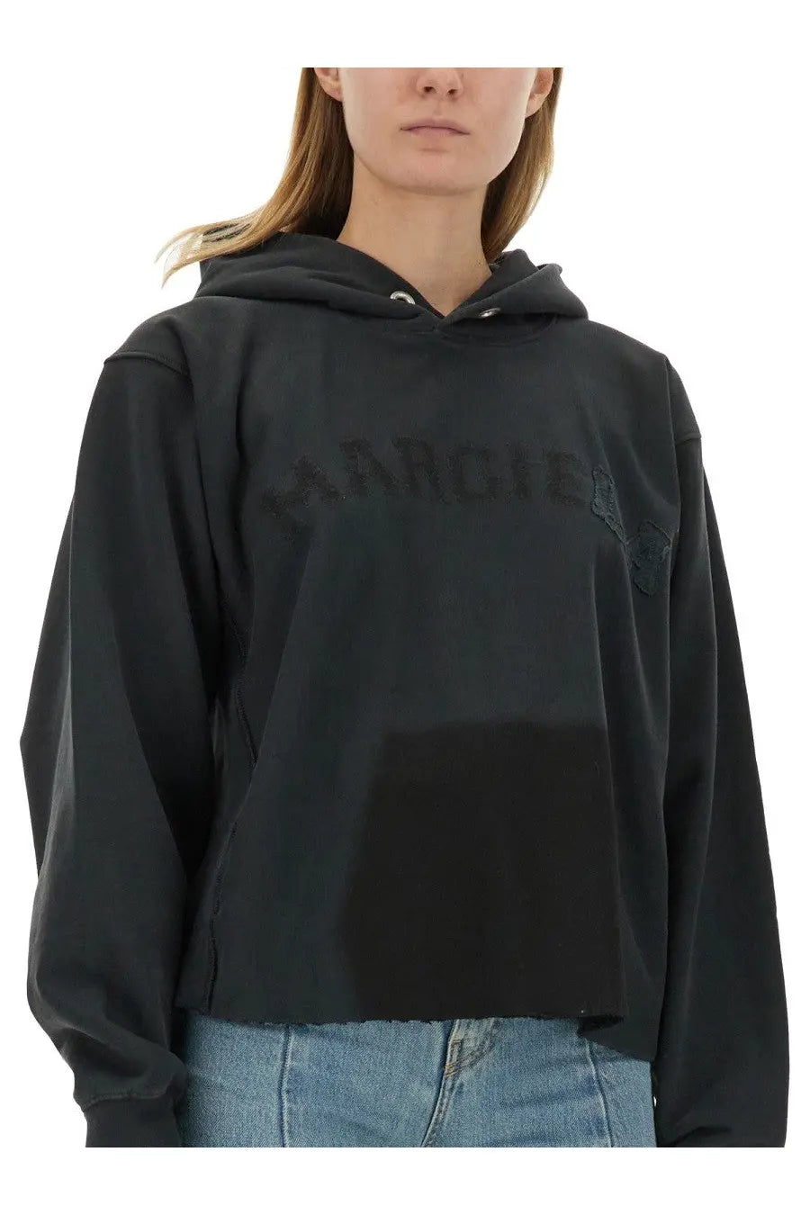 Maison Margiela women’s black cotton cropped hoodie with a subtle faded margiela logo across the chest