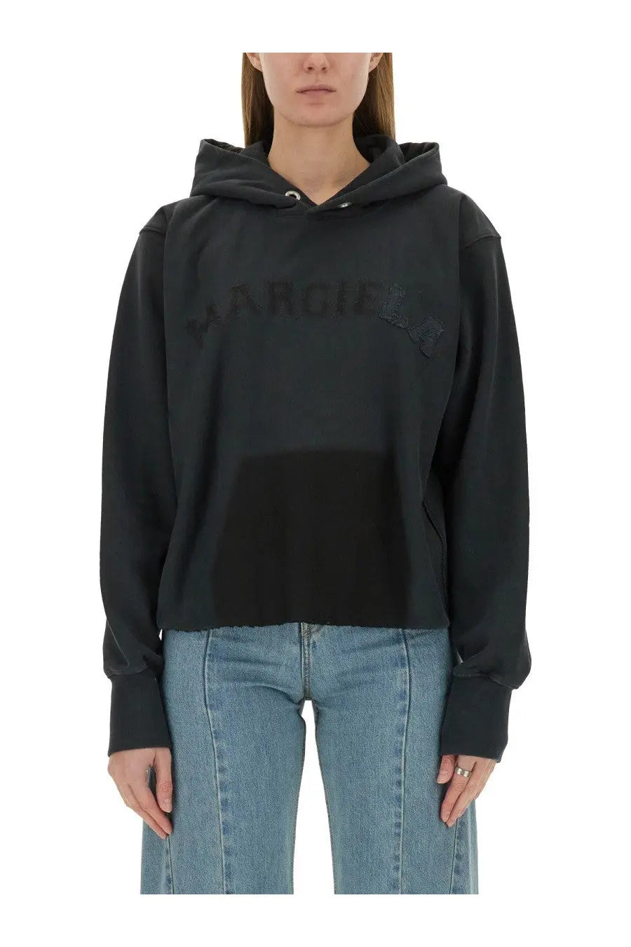 Maison Margiela women’s black cotton cropped hoodie with textured margiela logo and contrasting fabric panels front