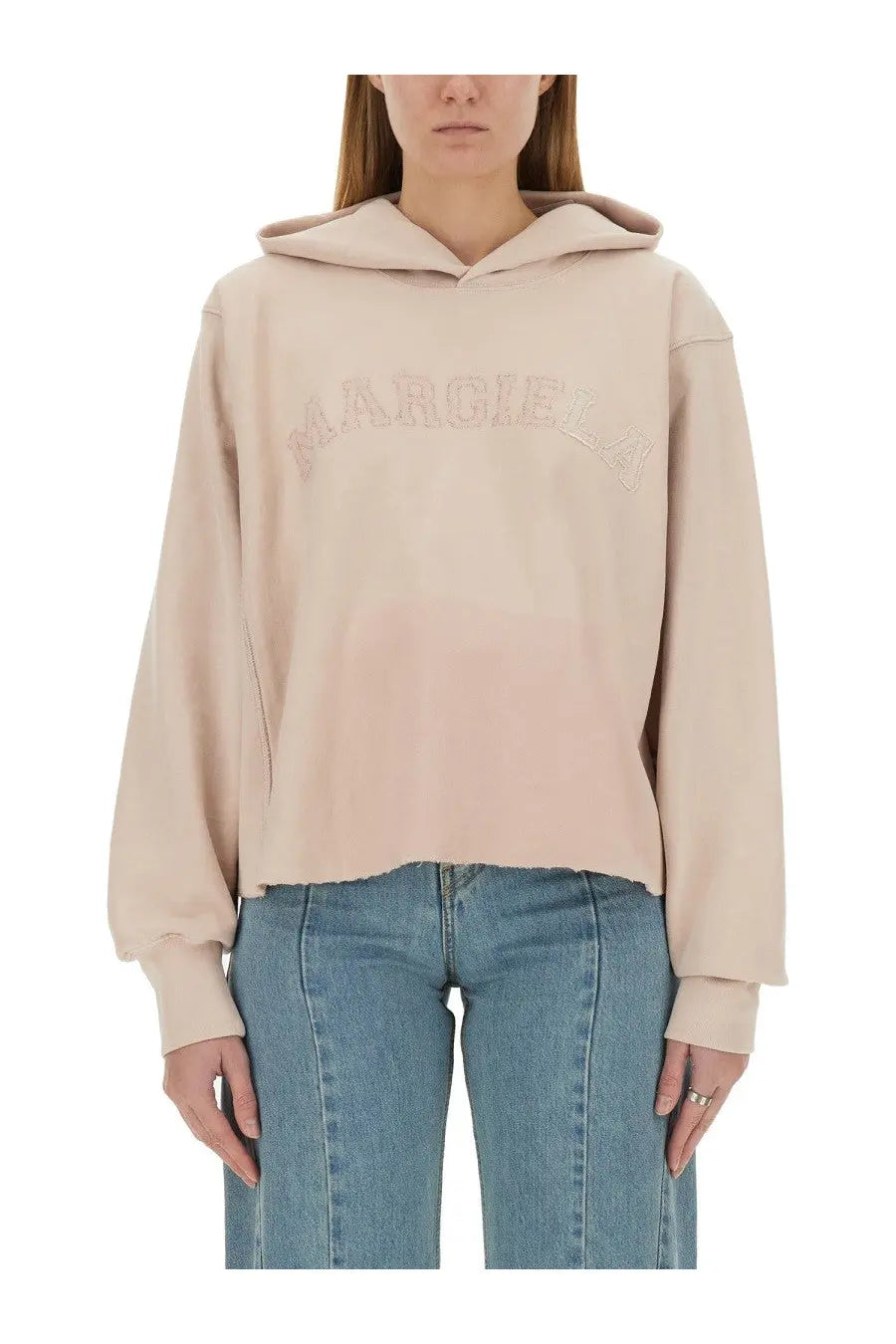 Beige Maison Margiela women’s cotton hoodie with embroidered logo and cropped slightly frayed hem