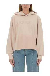 Beige Maison Margiela women’s cotton hoodie with embroidered logo and cropped slightly frayed hem