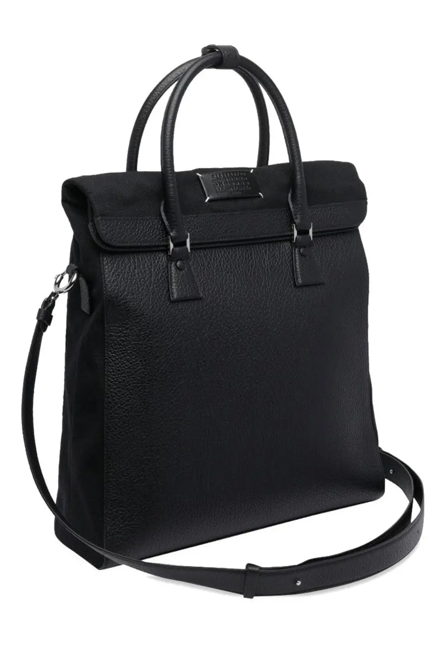 Maison Margiela women’s black leather tote bag with rolled top flap and adjustable shoulder strap for daily use