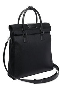 Maison Margiela women’s black leather tote bag with rolled top flap and adjustable shoulder strap for daily use