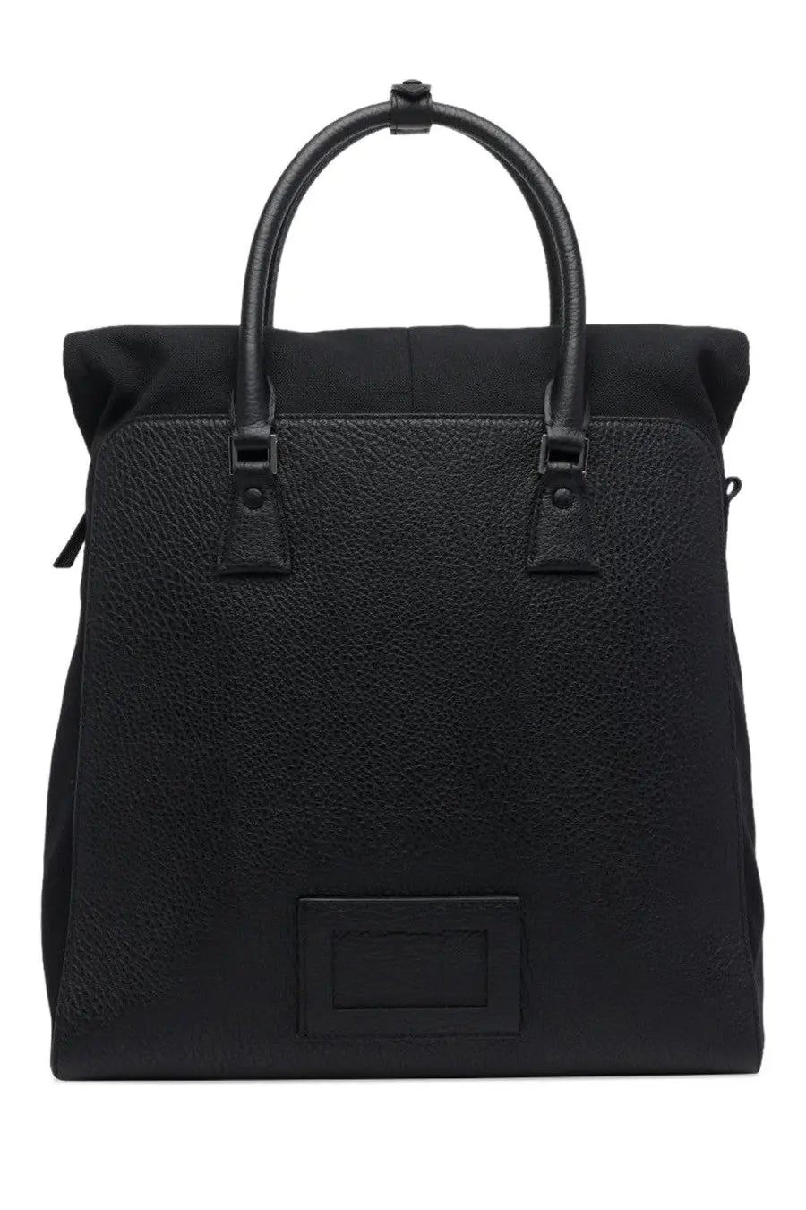 Maison Margiela women’s daily vertical convertible bag black textured leather tote with rolled top handles and rectangular plaque