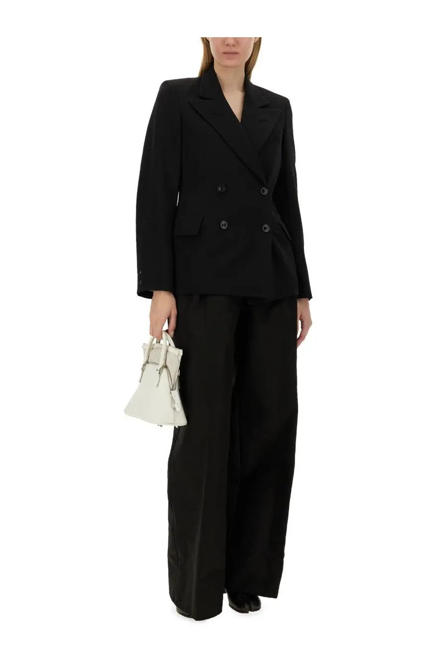 Maison Margiela women’s black double breasted blazer with structured shoulders and matte finish in front view