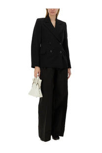 Maison Margiela women’s black double breasted blazer with structured shoulders and matte finish in front view