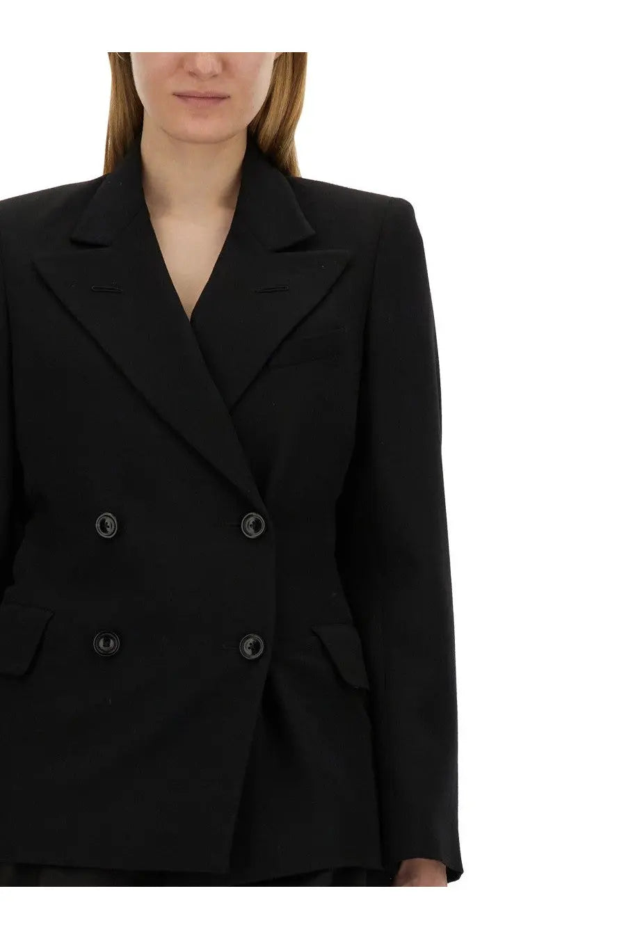 Maison Margiela women’s black double breasted blazer with structured shoulders and dark buttons in wool blend fabric
