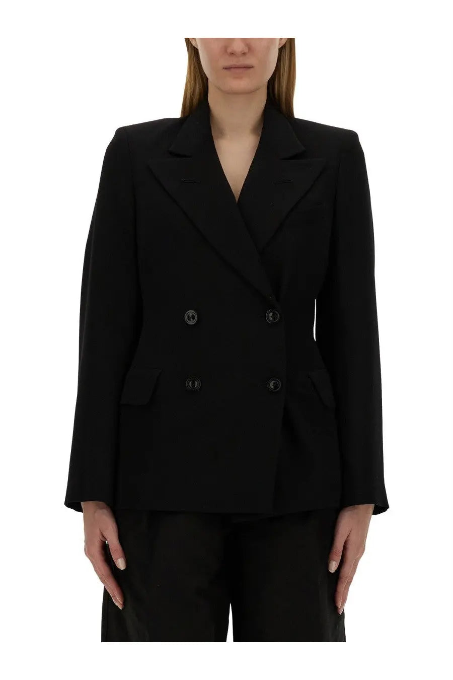 Maison Margiela women’s black double breasted blazer with structured shoulders and matte black buttons