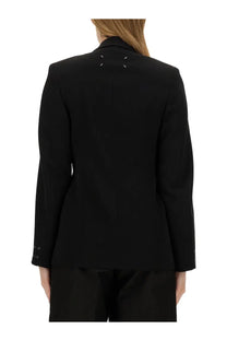 Maison Margiela women’s black tailored double breasted blazer with distinctive white stitching on shoulders and cuffs
