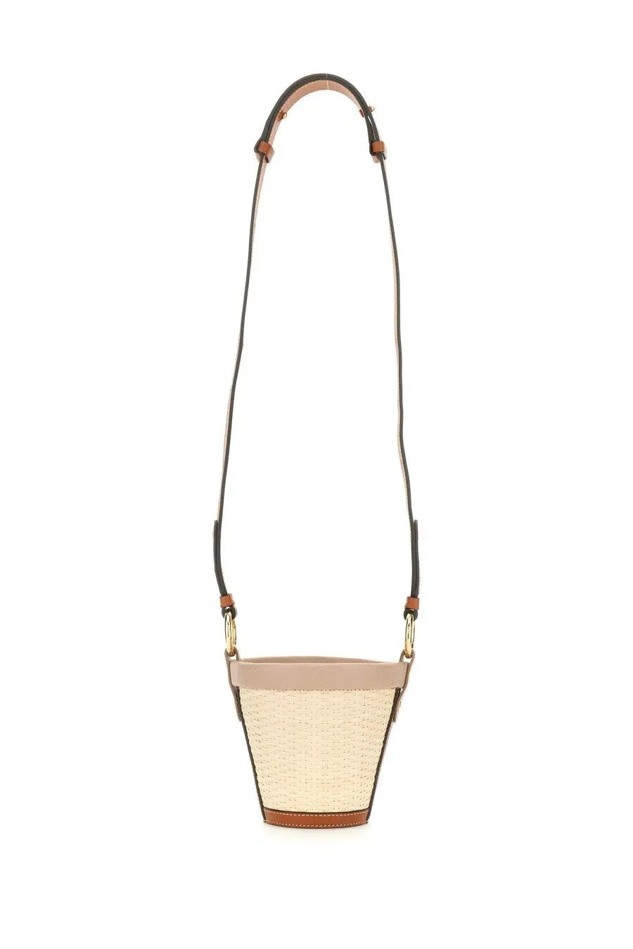 Maison Margiela women’s fire bucket bag beige woven with brown leather trim and black adjustable strap
