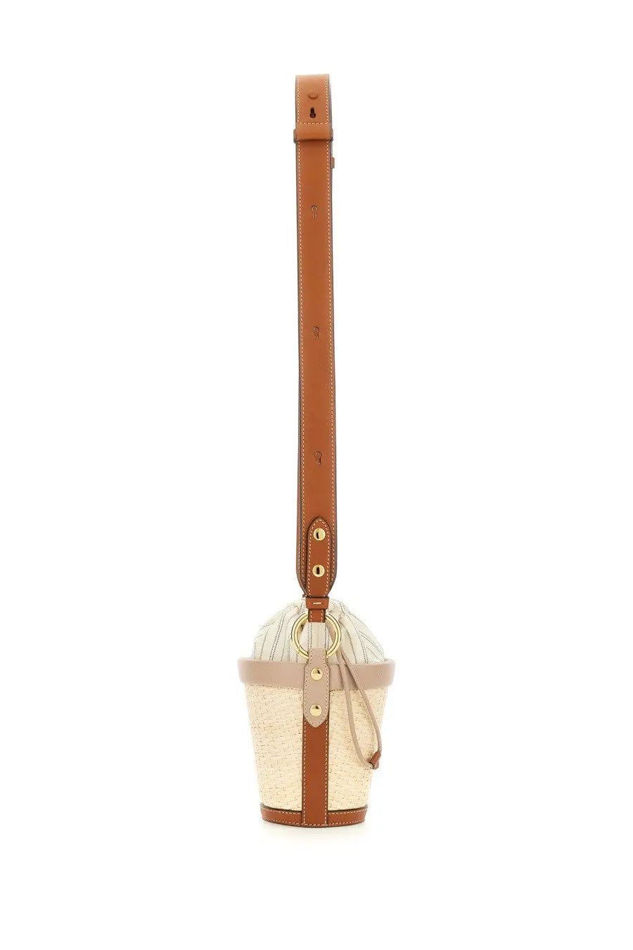 Maison Margiela women’s beige woven bucket bag with tan leather straps and gold-tone hardware