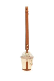 Maison Margiela women’s beige woven bucket bag with tan leather straps and gold-tone hardware
