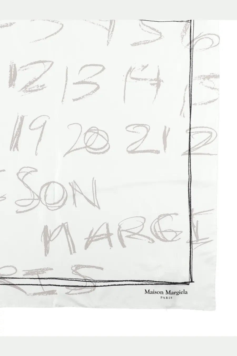 Maison Margiela women’s white silk foulard with hand-drawn gray numerical pattern and black logo print on bottom right