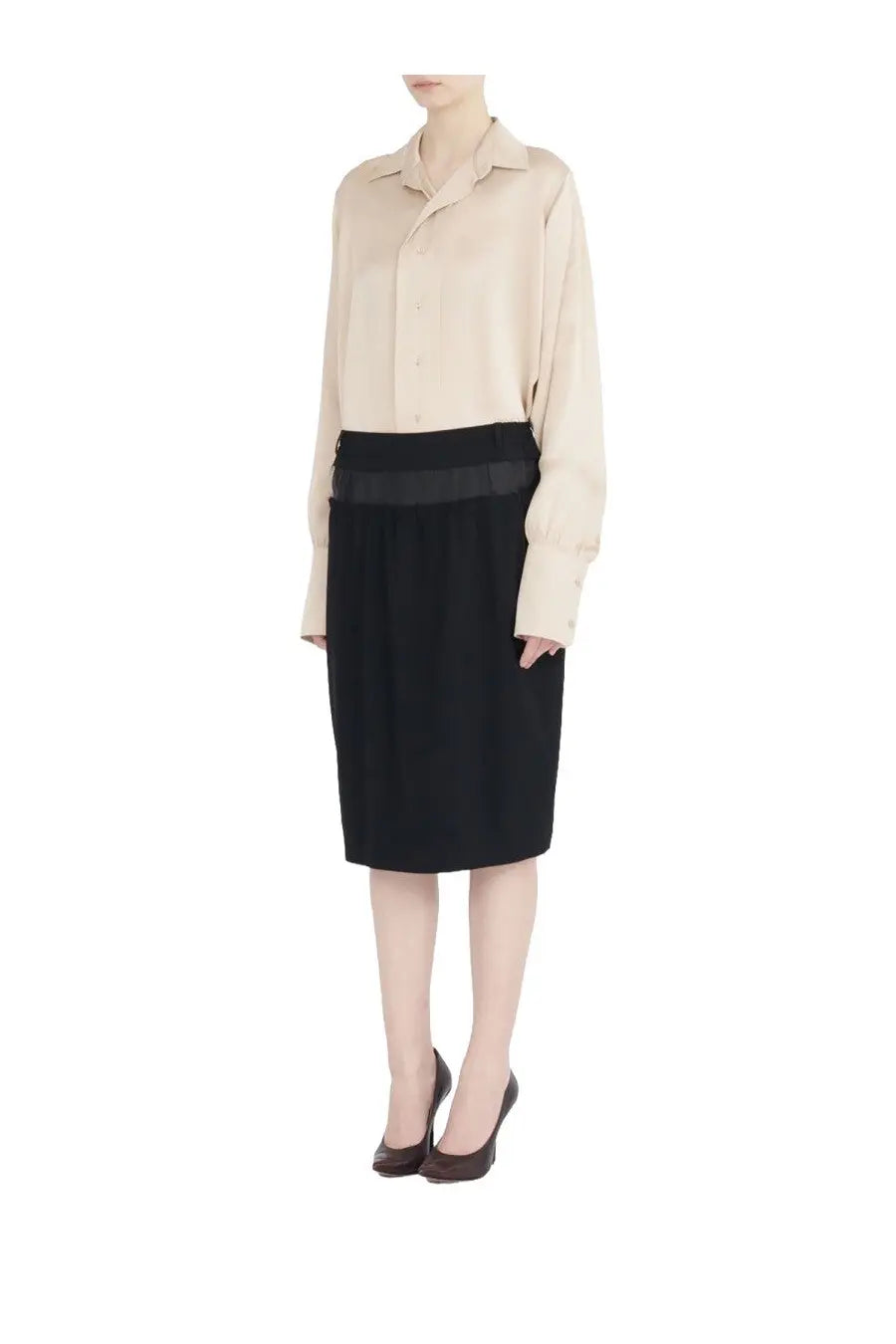 Beige satin blouse paired with maison margiela women’s four stitches black pleated midi skirt
