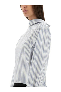 Maison Margiela women’s inverted striped dress shirt with crisp white and light blue vertical stripes and high collar