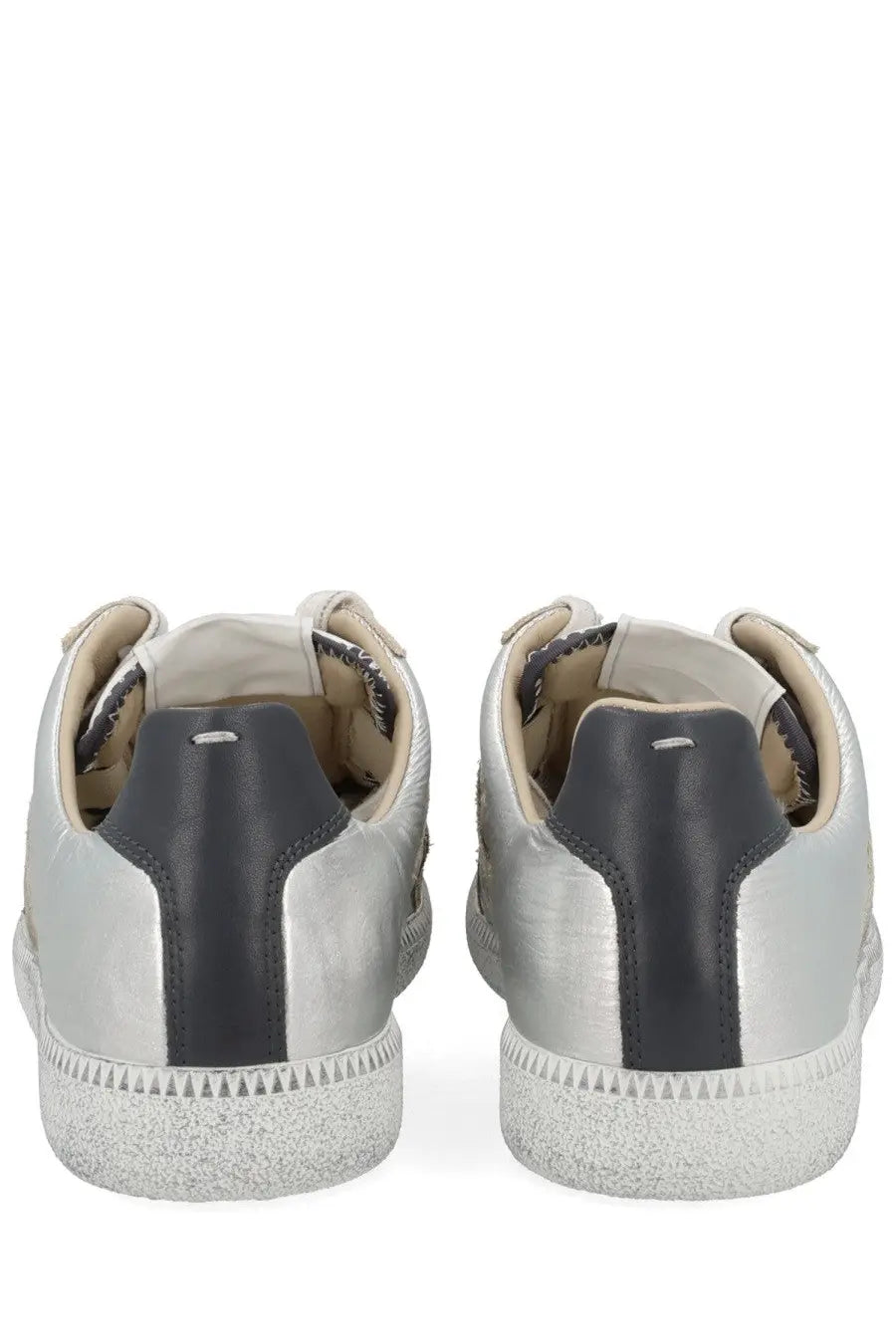 Maison Margiela women’s iridescent replica sneaker silver leather with dark gray accents and textured rubber sole