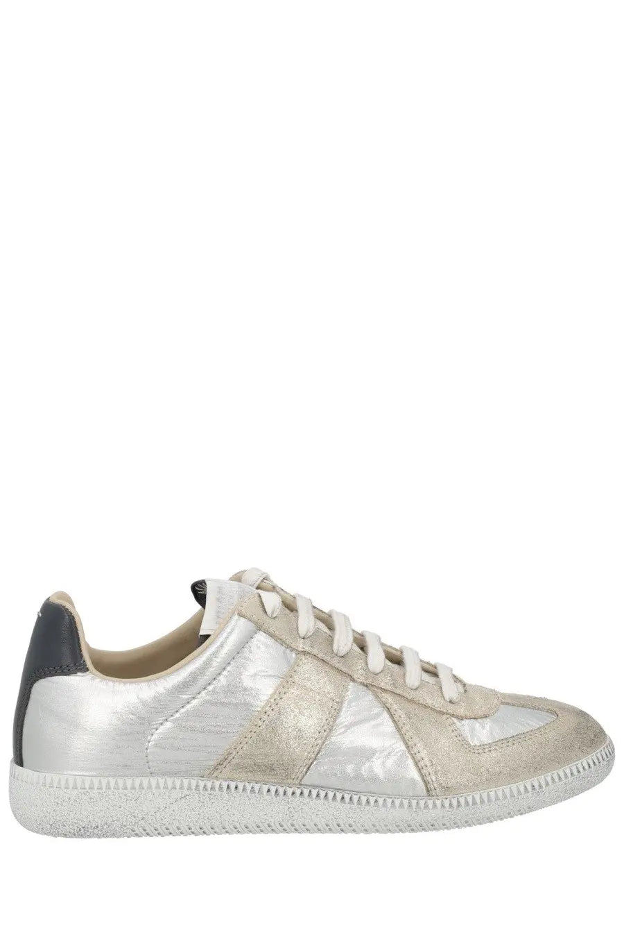 Maison Margiela women’s iridescent replica low-top sneaker in silver metallic and beige suede with white laces