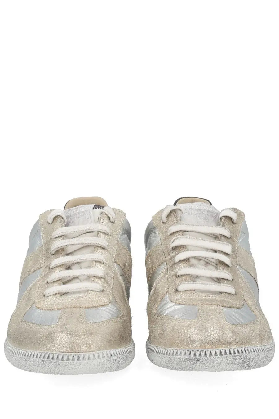 Maison Margiela women’s iridescent silver sneaker in metallic suede and canvas with white laces and textured sole
