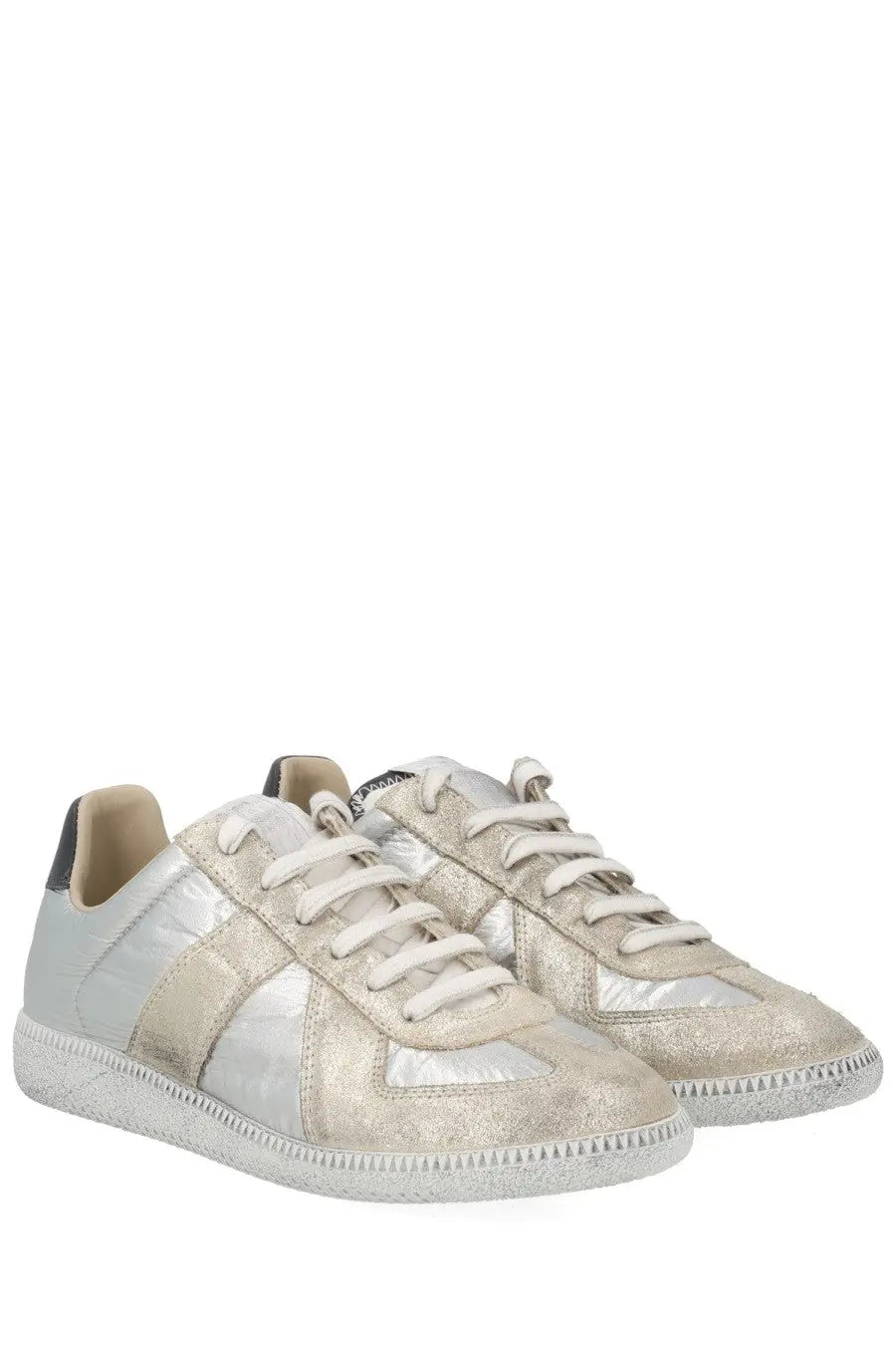 Maison Margiela women’s iridescent replica sneaker silver with silver metallic distressed finish and white laces