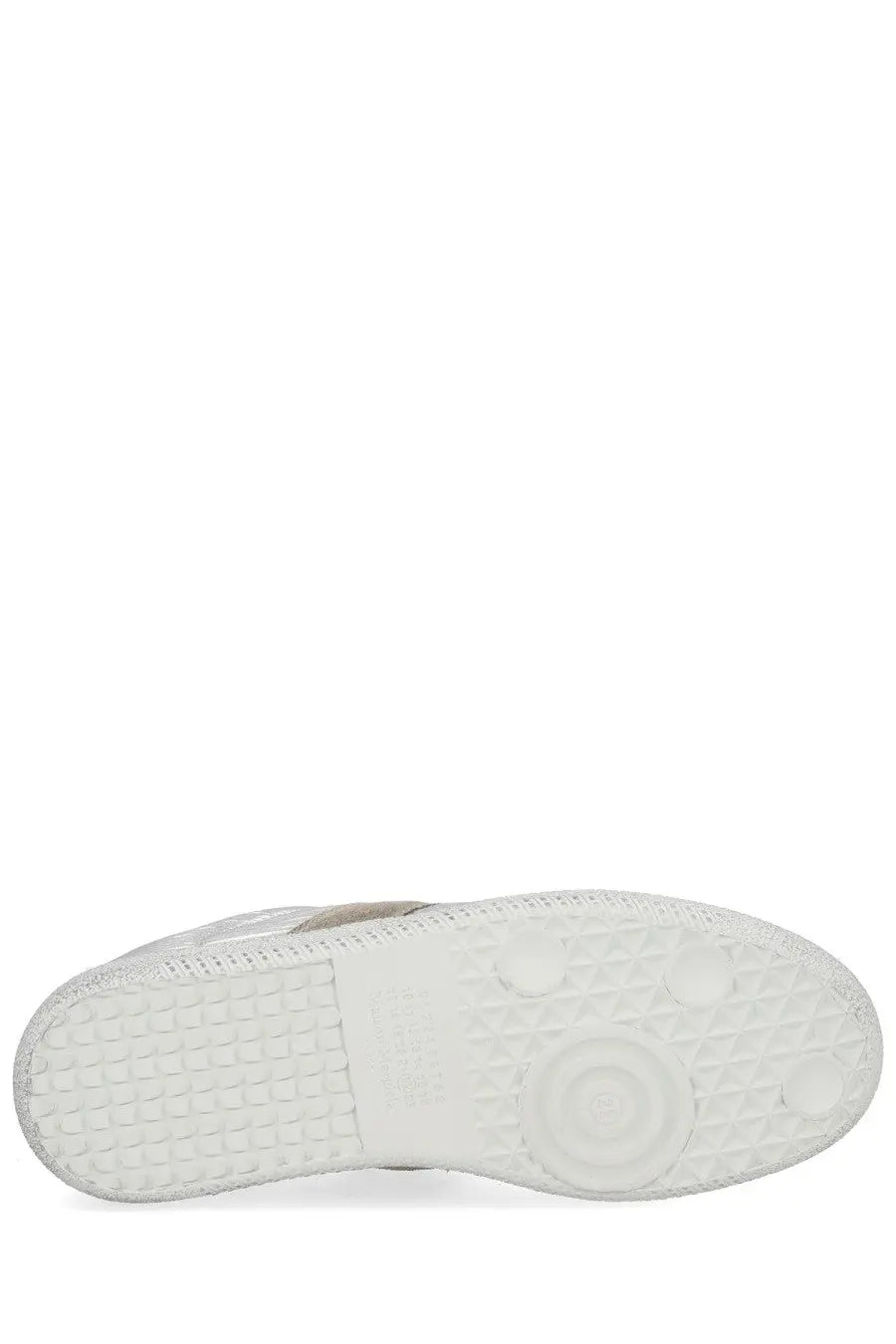 Maison Margiela women’s iridescent replica sneaker silver with white rubber sole featuring textured grid pattern and traction dots
