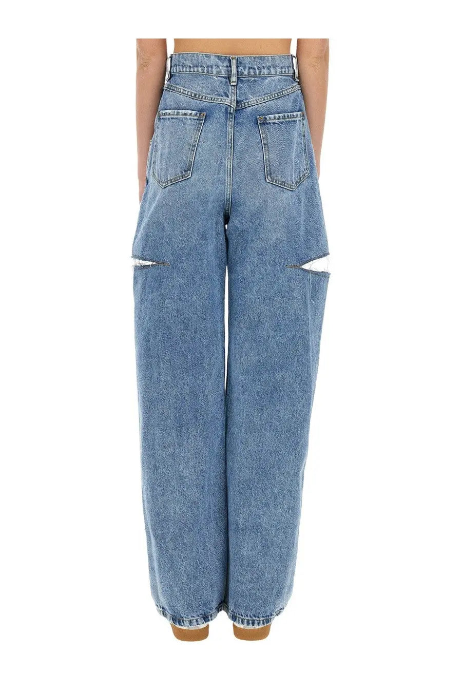 Maison Margiela women’s light-wash denim blue wide-leg jeans with distressed cutouts at the knees