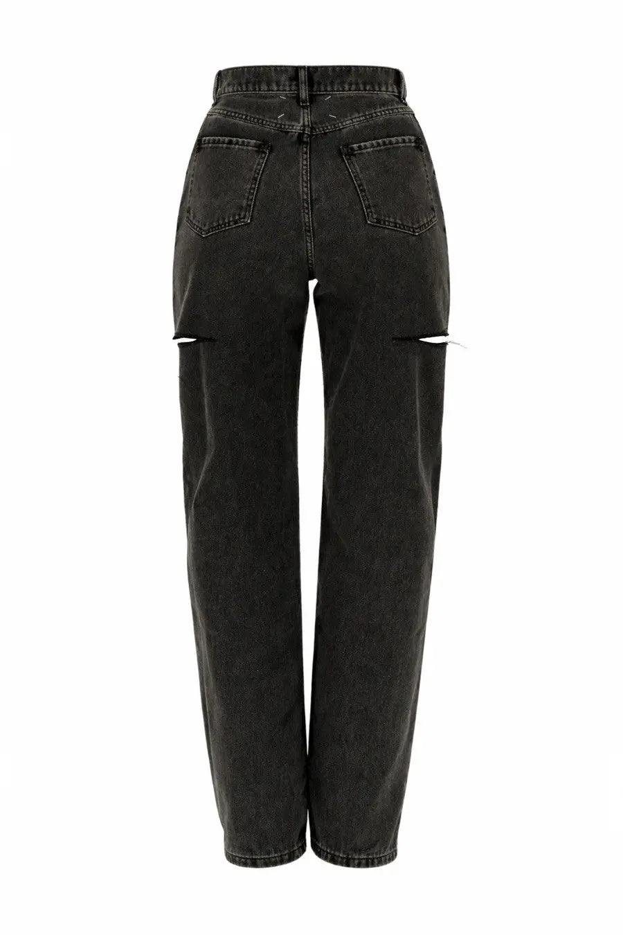 Maison Margiela women’s black denim jeans with distressed ripped knee details and a high waist cut out design