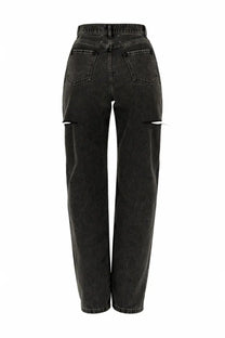 Maison Margiela women’s black denim jeans with distressed ripped knee details and a high waist cut out design