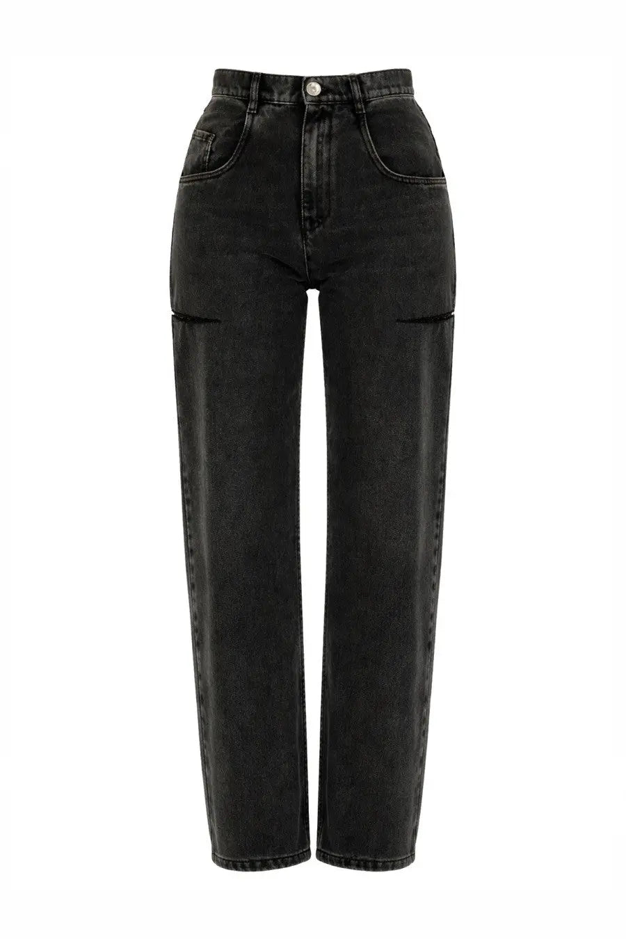Maison Margiela women’s high-waisted black denim jeans with straight-leg cut and subtle thigh distressing