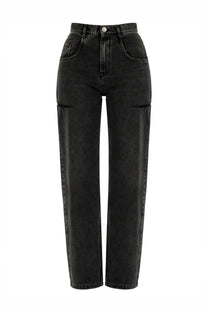 Maison Margiela women’s high-waisted black denim jeans with straight-leg cut and subtle thigh distressing