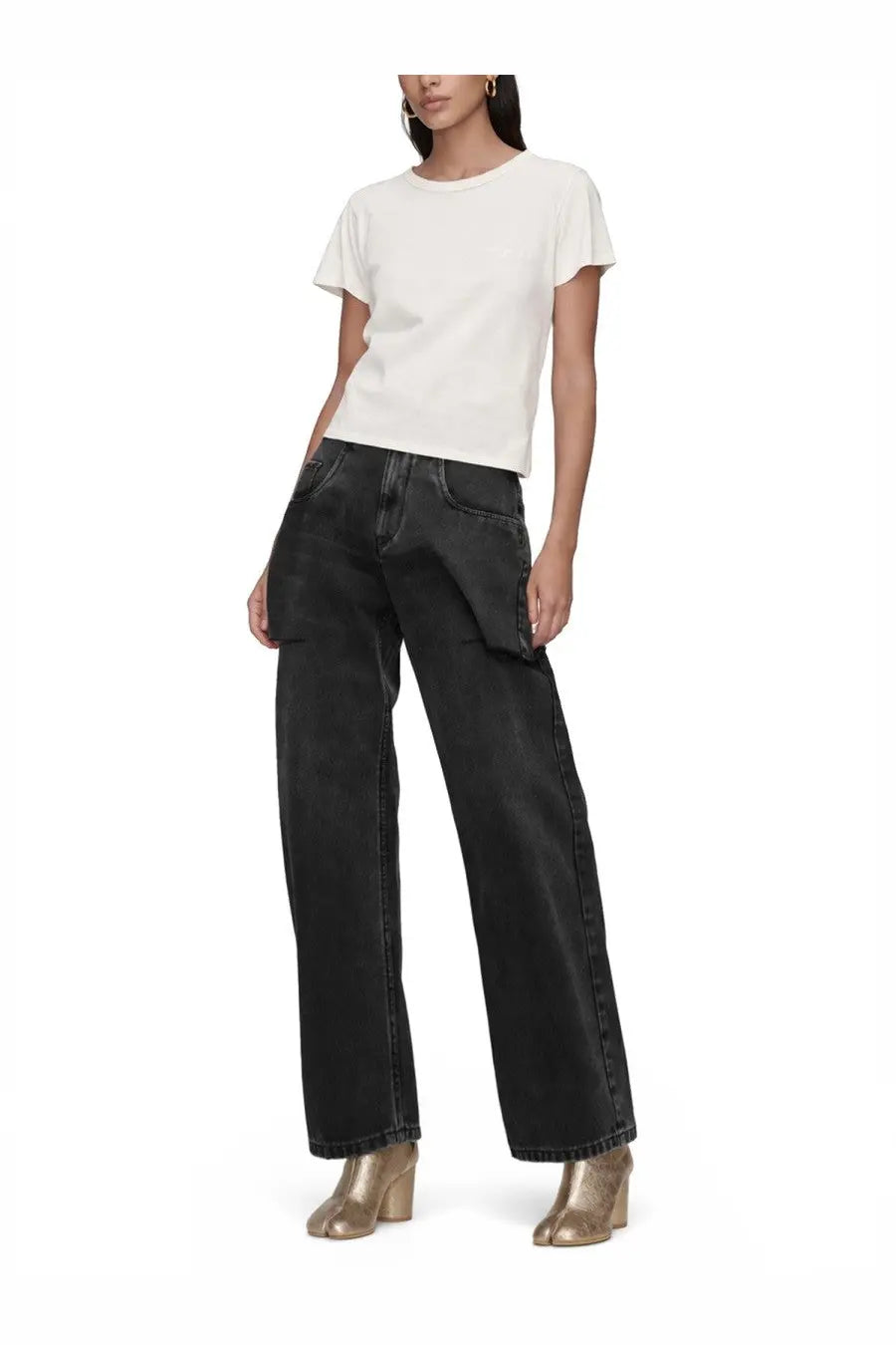 Maison Margiela women’s black wide-leg denim jeans with cut out detail relaxed fit and visible stitching