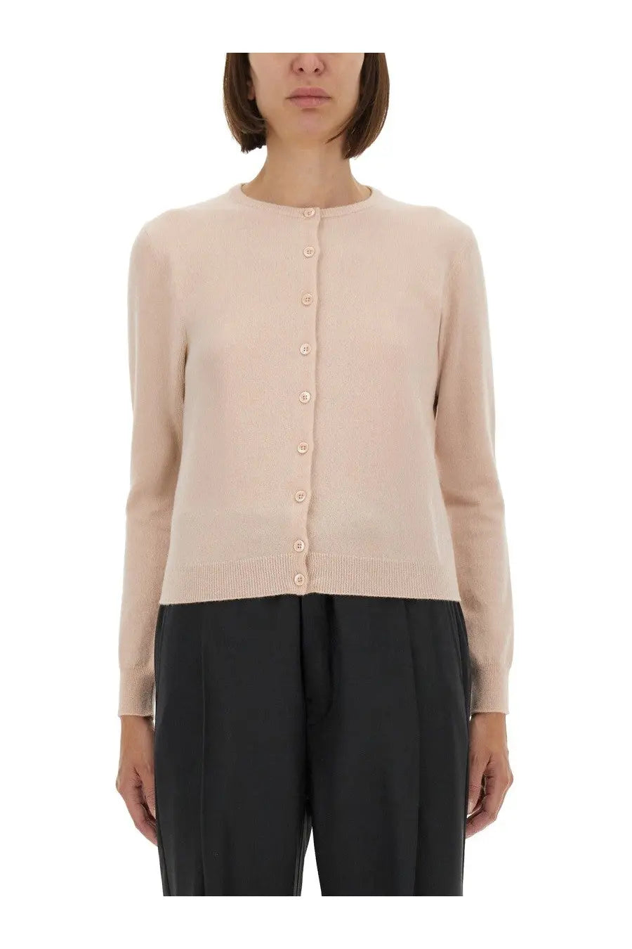 Maison Margiela women’s long-sleeved knit cardigan in soft blush pink with round neckline and matching buttons