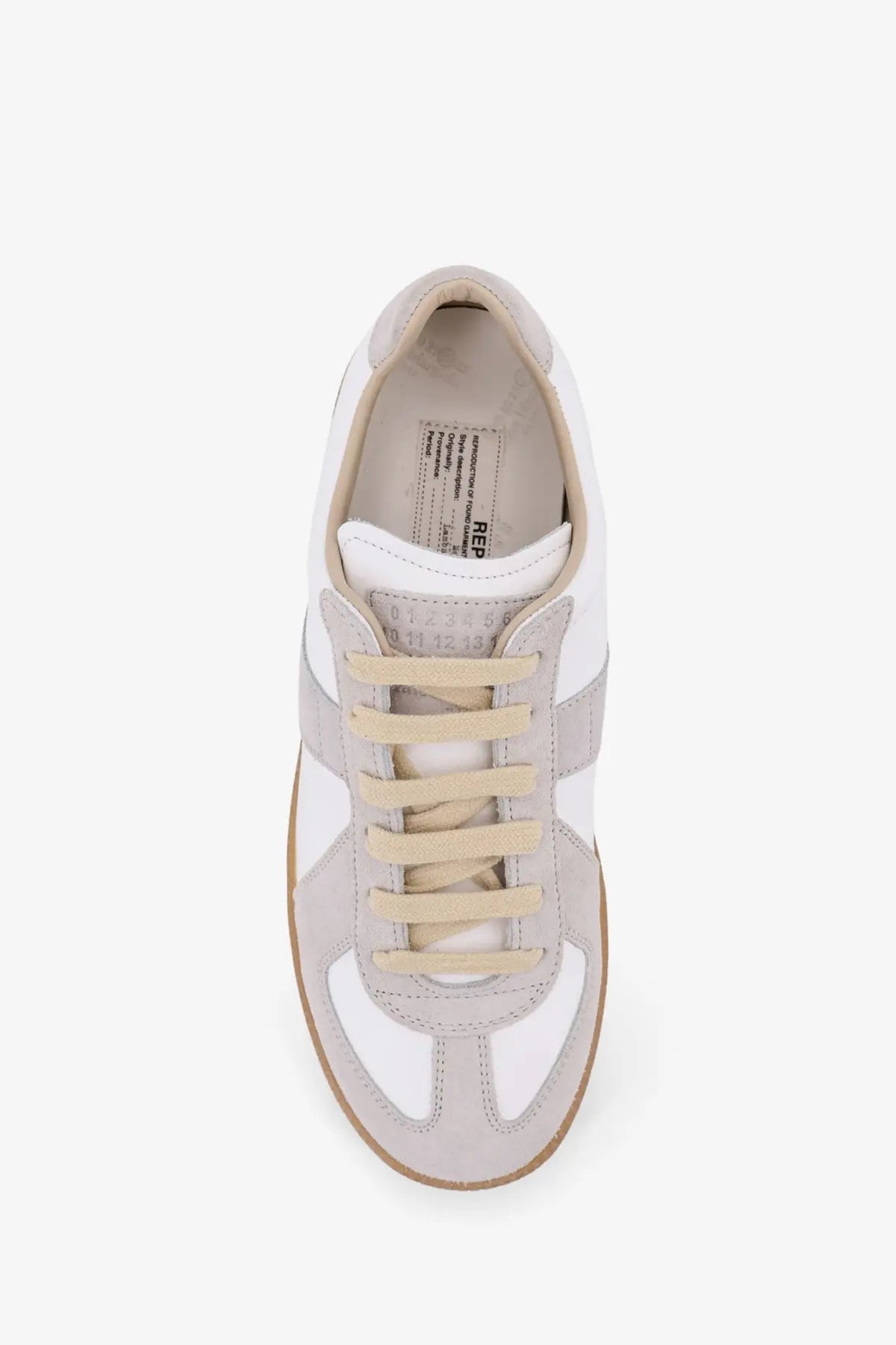 Maison Margiela women’s leather sneakers in white and light gray suede with beige laces and tan rubber sole