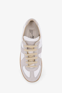 Maison Margiela women’s leather sneakers in white and light gray suede with beige laces and tan rubber sole