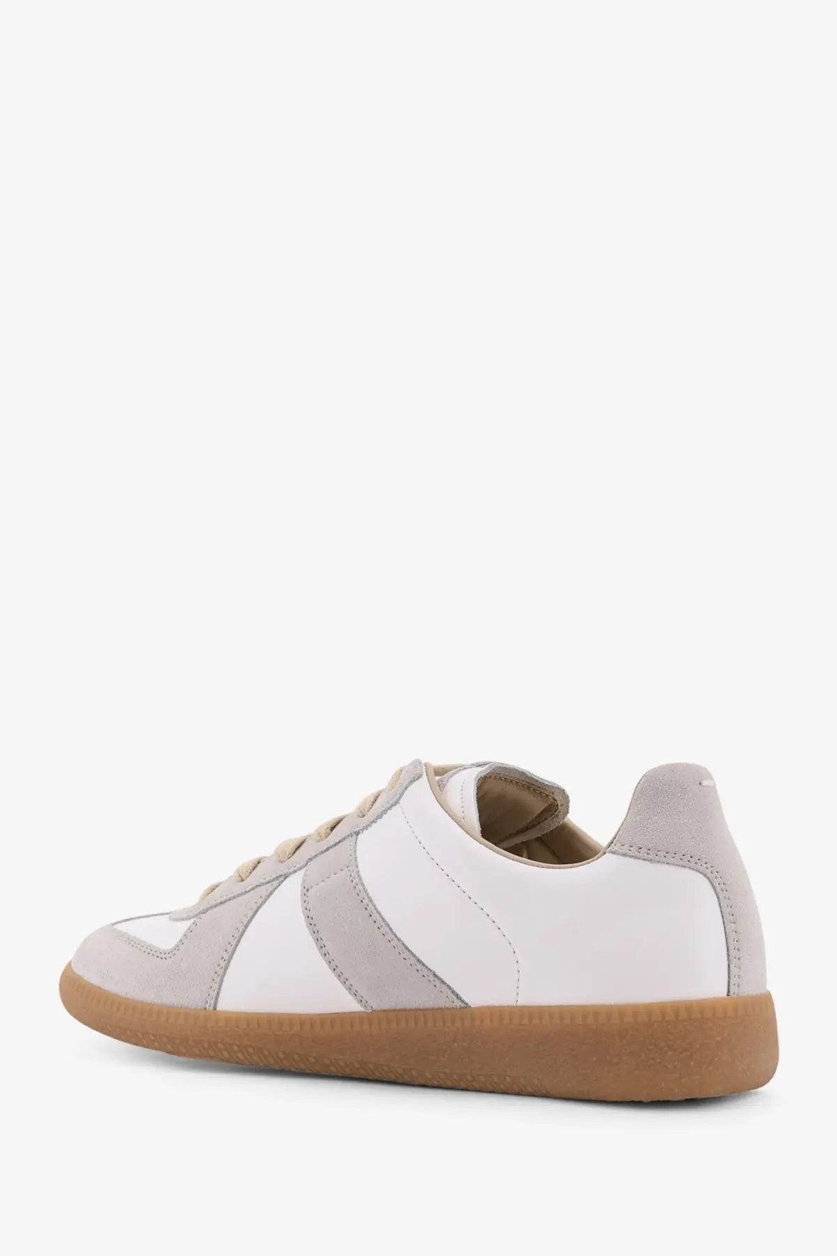 Maison Margiela women’s leather sneakers in white with light gray suede and tan rubber sole for casual wear