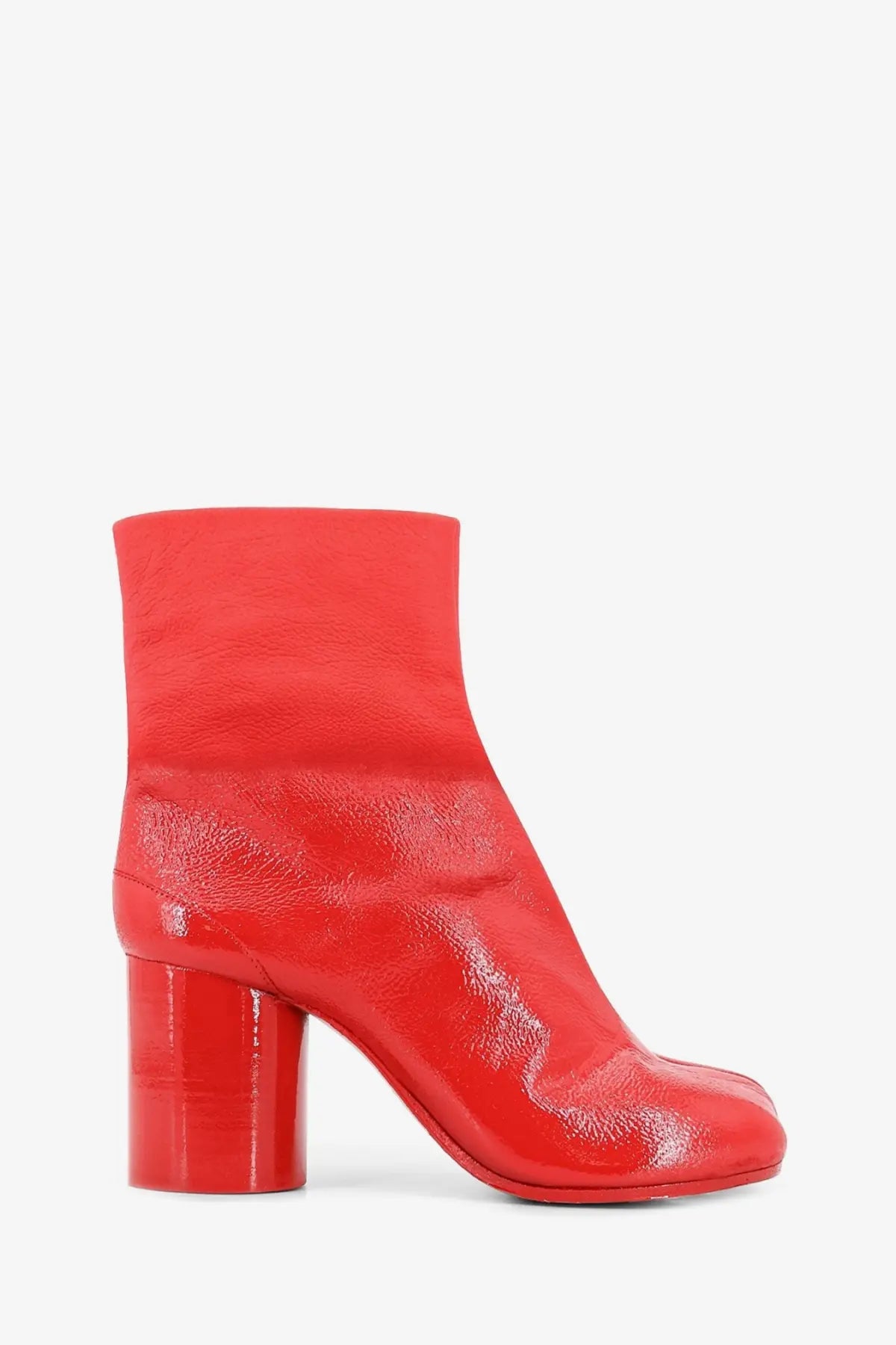 Maison Margiela women’s leather tabi boots in vibrant red patent leather with chunky block heel and distinctive toe design