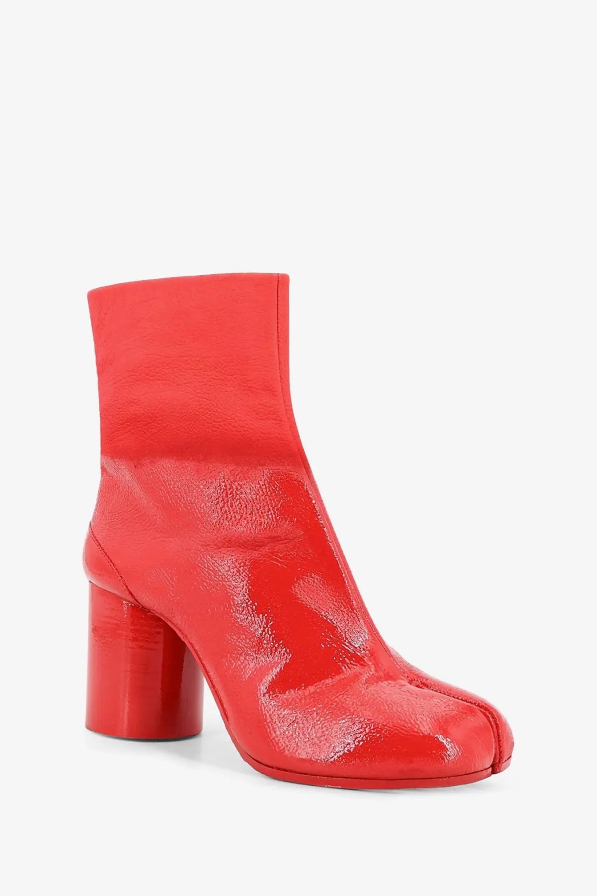 Maison Margiela women’s leather tabi boots in vibrant red patent leather with chunky heel and distinctive toe seam