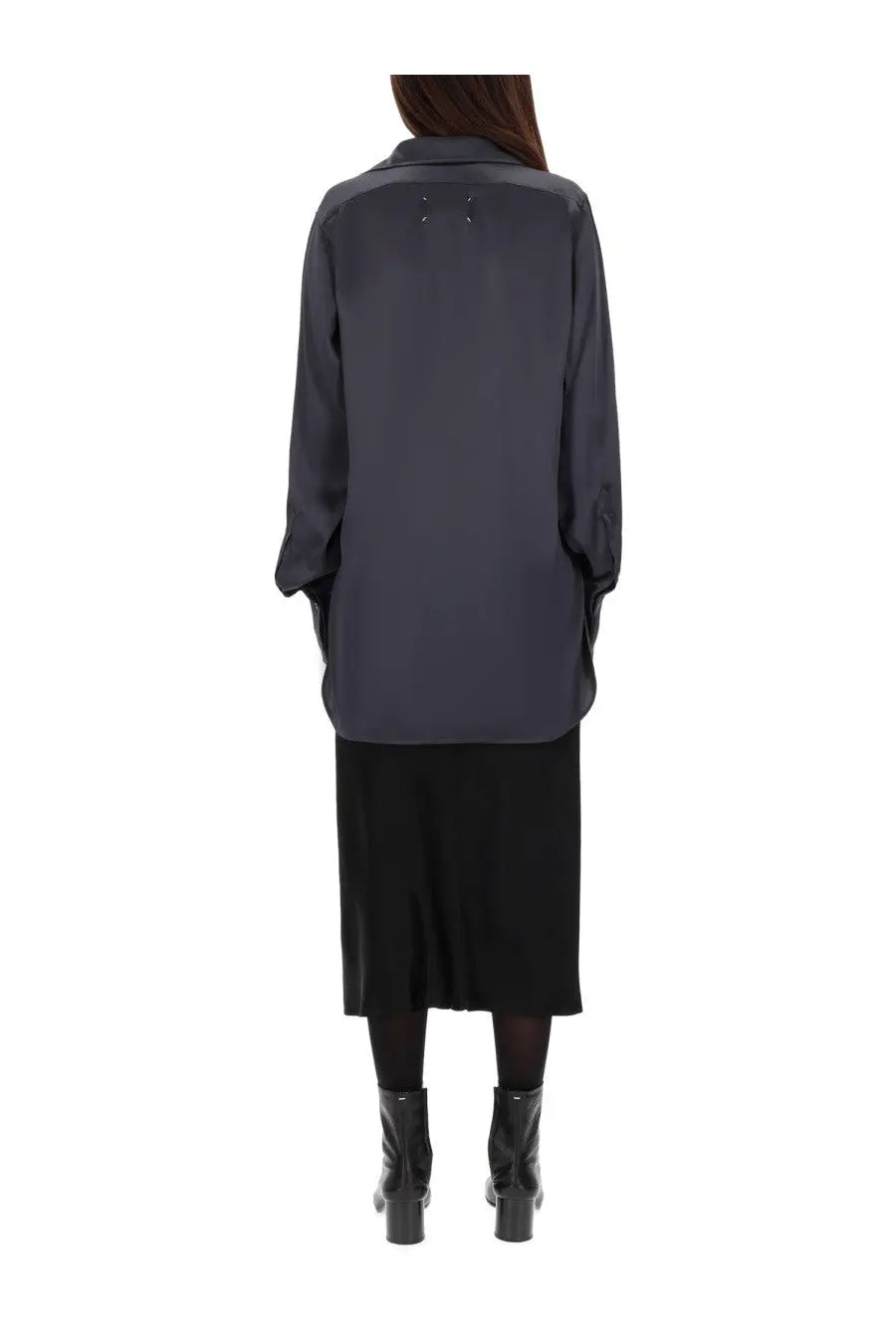 Maison Margiela women’s long sleeved dark gray oversized silk blouse with subtle shoulder stitching details