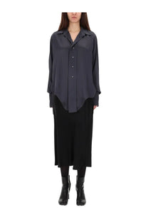 Maison Margiela women’s long sleeved shirt grey is a sleek dark gray satin button-up with a relaxed fit and long sleeves