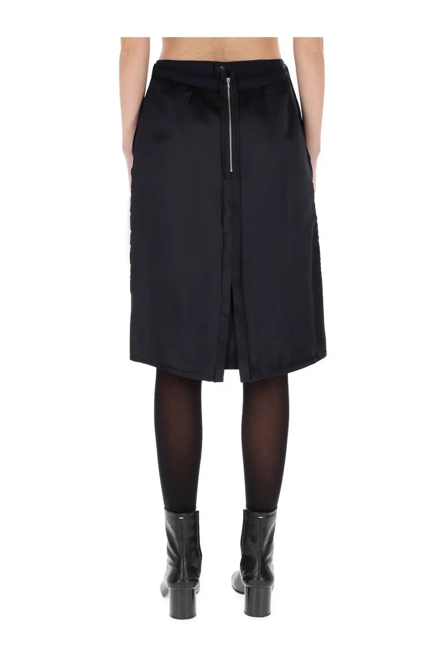 Maison Margiela women’s black satin midi skirt with central zipper closure and subtle pleats