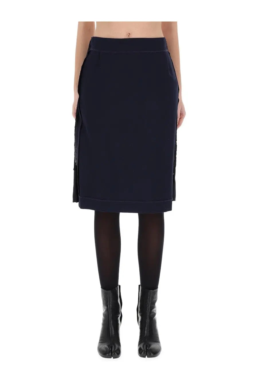 Maison Margiela women’s navy blue high-waisted midi skirt with side zipper pockets and straight hemline